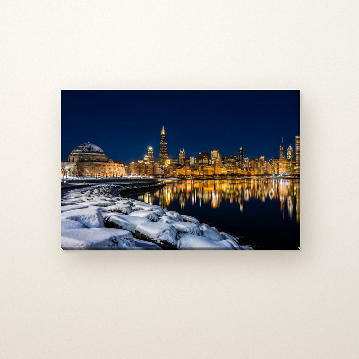 Chicago Skyline Canvas Wall Art | Winter Night from the Planetarium canvas on a warm ivory wall