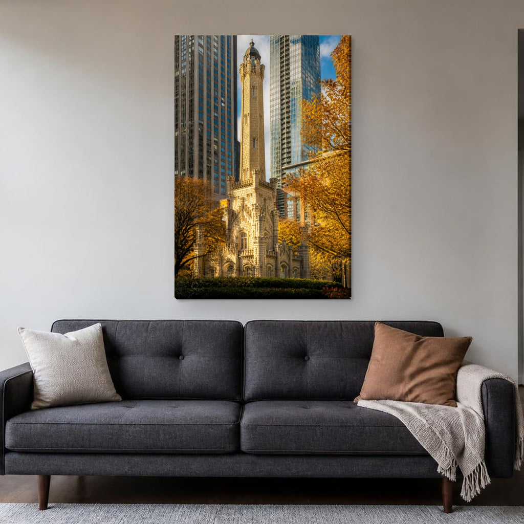 Chicago Water Tower Canvas Wall Art | Michigan Avenue in Autumn canvas hanging above a charcoal sofa in a living room