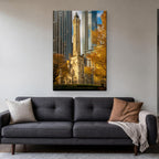 Chicago Water Tower Canvas Wall Art | Michigan Avenue in Autumn canvas hanging above a charcoal sofa in a living room
