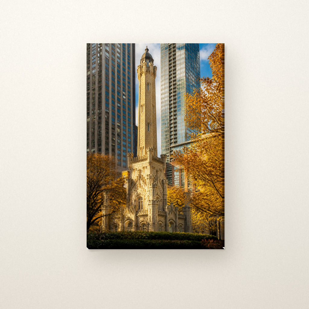 Chicago Water Tower Canvas Wall Art | Michigan Avenue in Autumn canvas on a warm ivory wall