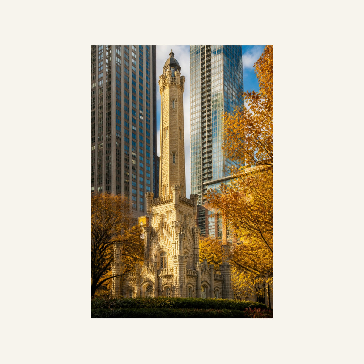 Chicago Water Tower Canvas Wall Art | Michigan Avenue in Autumn artwork, full image