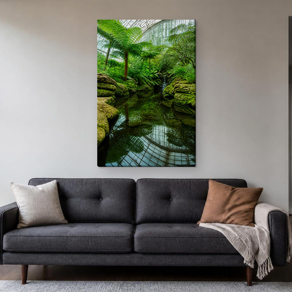 Garfield Park Conservatory Canvas Wall Art | The Fern Room canvas hanging above a charcoal sofa in a living room