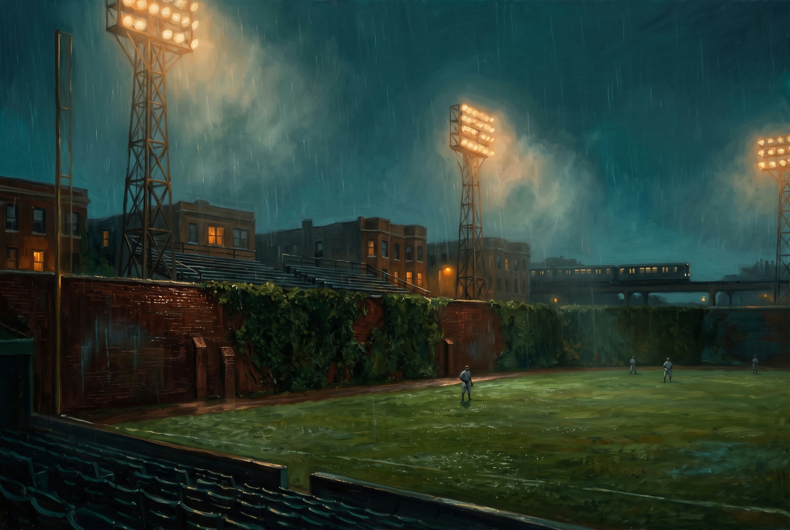 Original oil-style painting of a Chicago ballpark at night in the rain, ivy-covered brick wall and glowing light towers