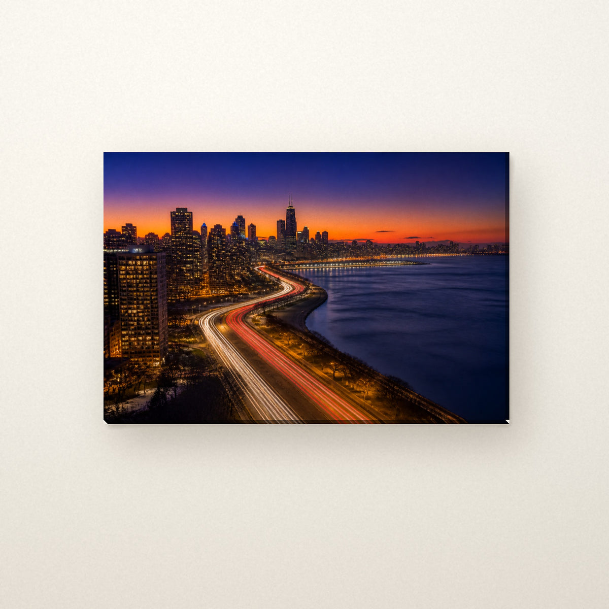 Lake Shore Drive Canvas Wall Art | Chicago Skyline at Dusk canvas on a warm ivory wall