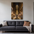 LaSalle Street Canvas Wall Art | Board of Trade on a Snowy Night canvas hanging above a charcoal sofa in a living room