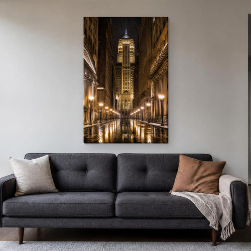 LaSalle Street Canvas Wall Art | Board of Trade on a Snowy Night canvas hanging above a charcoal sofa in a living room