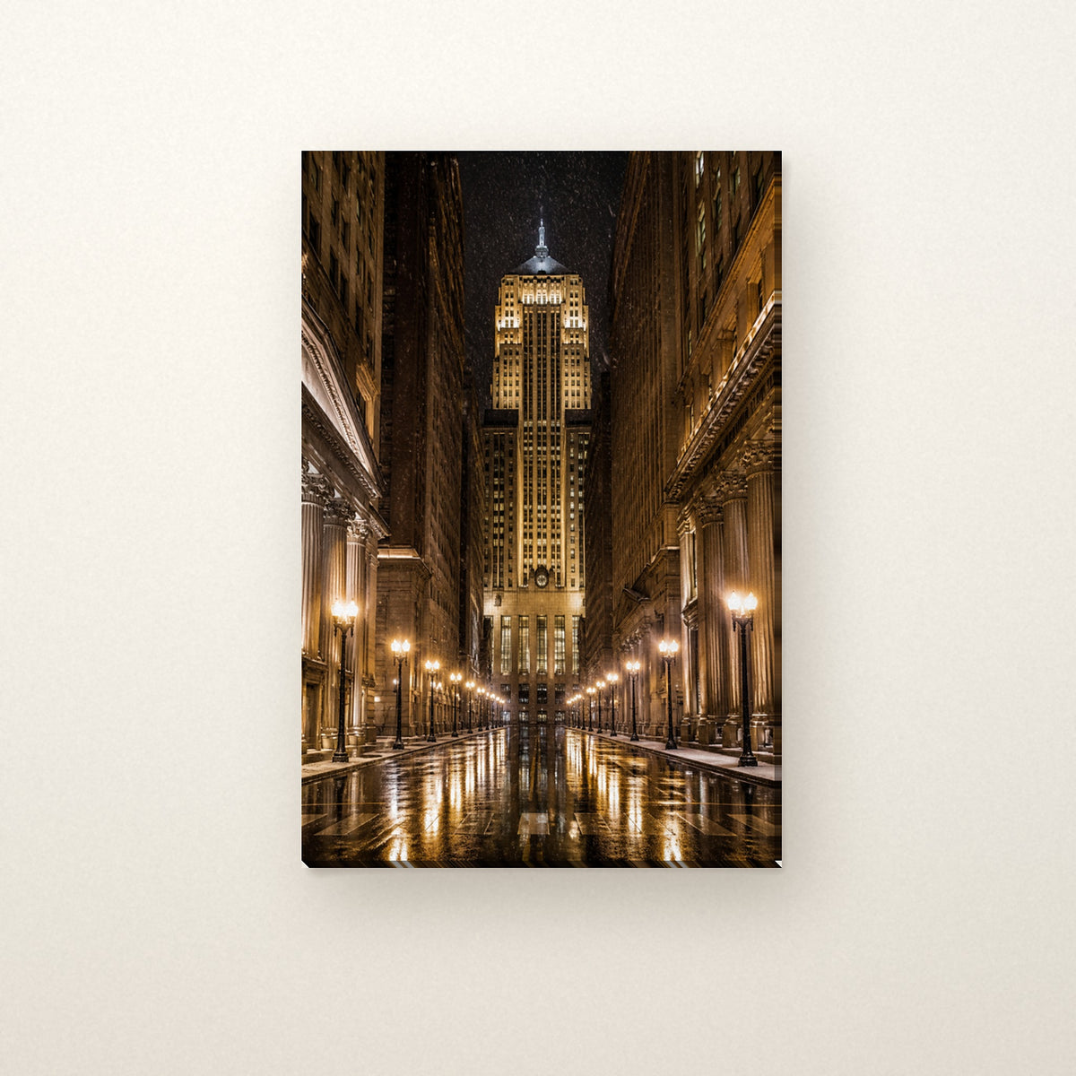 LaSalle Street Canvas Wall Art | Board of Trade on a Snowy Night canvas on a warm ivory wall
