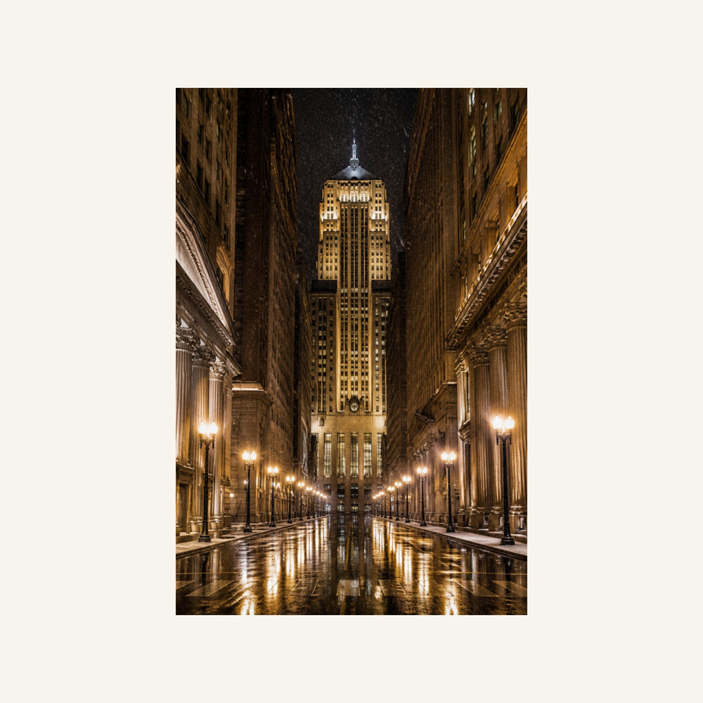 LaSalle Street Canvas Wall Art | Board of Trade on a Snowy Night artwork, full image