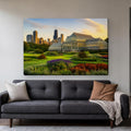 Lincoln Park Conservatory Canvas Wall Art | Garden at Golden Hour canvas hanging above a charcoal sofa in a living room