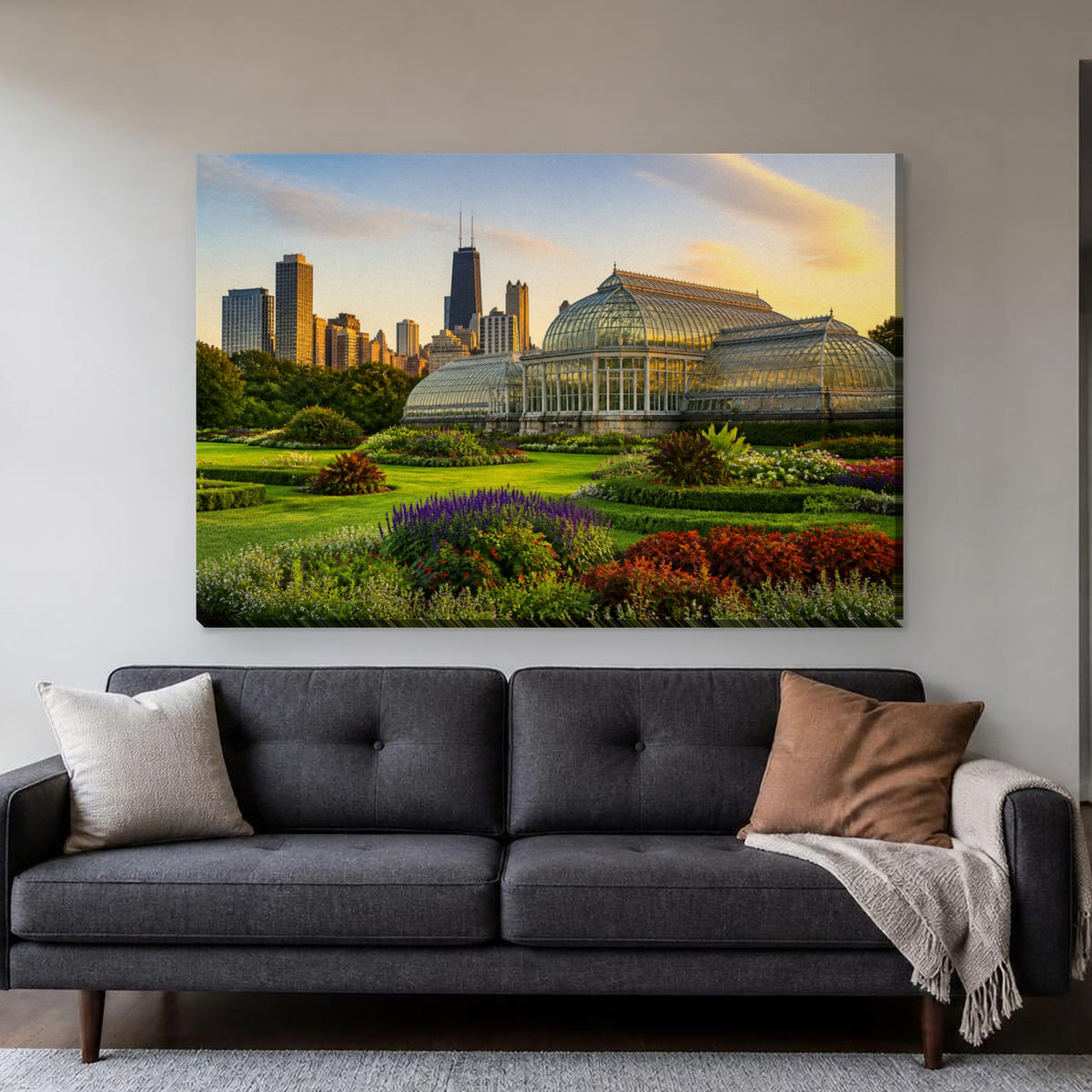 Lincoln Park Conservatory Canvas Wall Art | Garden at Golden Hour canvas hanging above a charcoal sofa in a living room