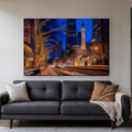 Michigan Avenue Canvas Wall Art | Holiday Lights by the Water Tower canvas hanging above a charcoal sofa in a living room