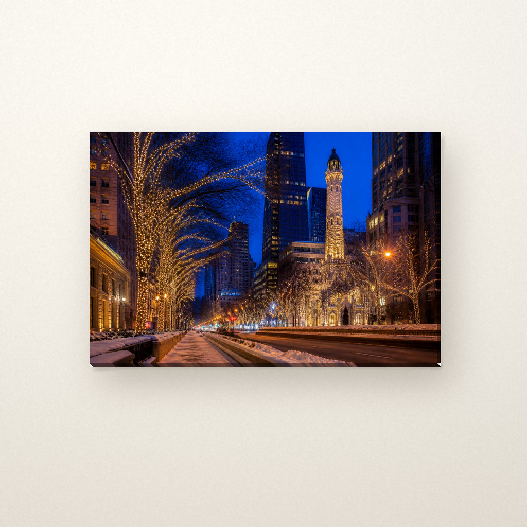 Michigan Avenue Canvas Wall Art | Holiday Lights by the Water Tower canvas on a warm ivory wall