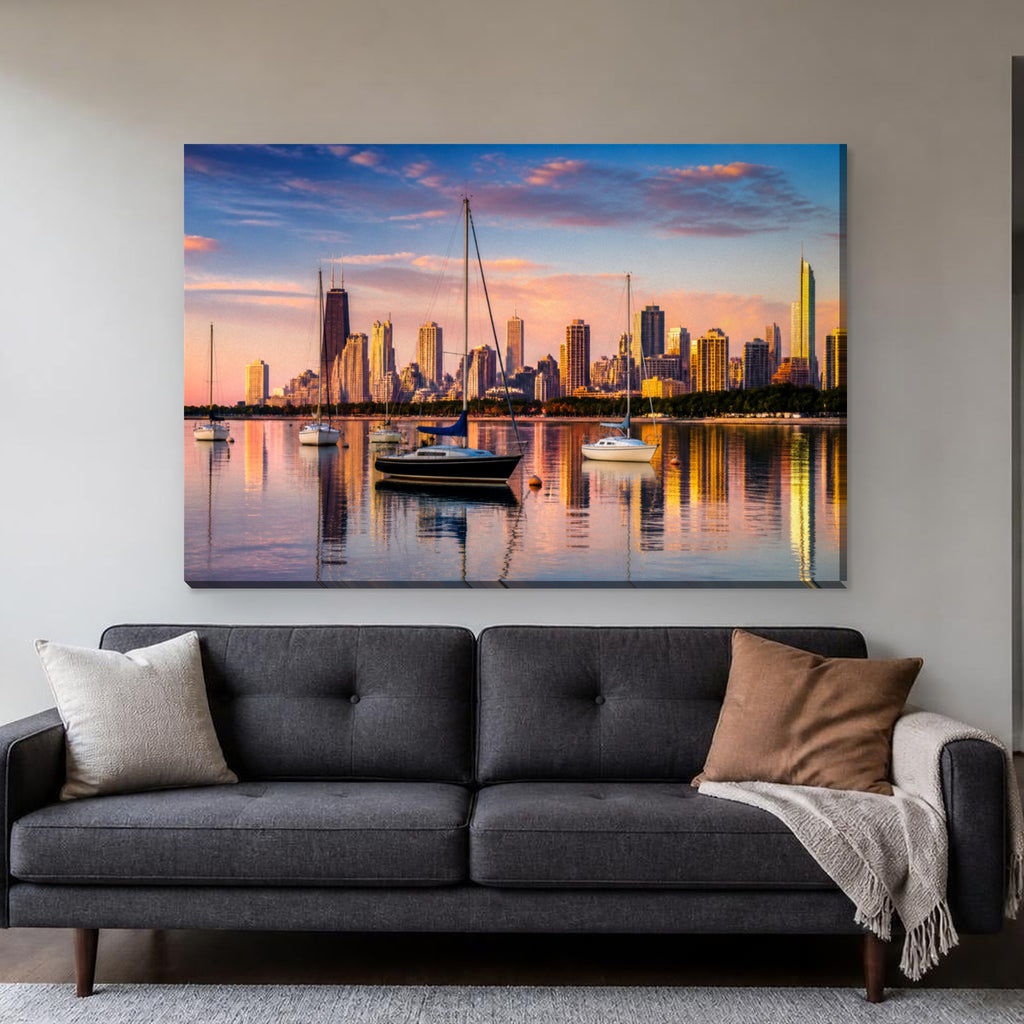 Montrose Harbor Canvas Wall Art | Chicago Skyline at Sunrise canvas hanging above a charcoal sofa in a living room