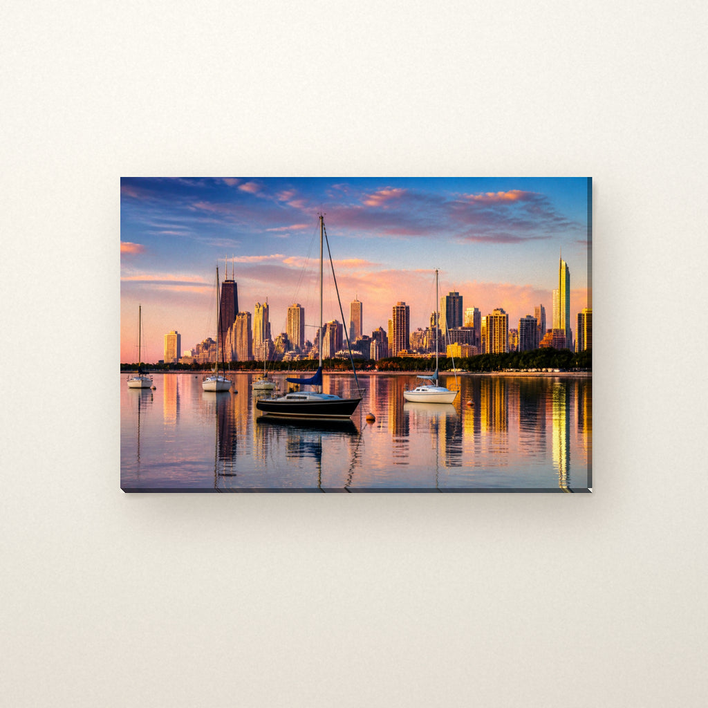 Montrose Harbor Canvas Wall Art | Chicago Skyline at Sunrise canvas on a warm ivory wall