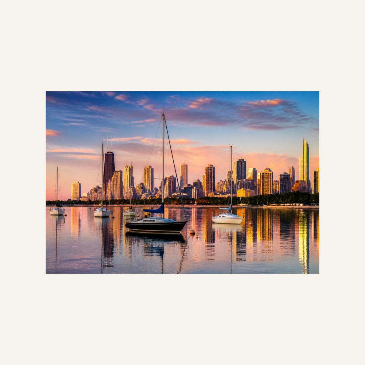 Montrose Harbor Canvas Wall Art | Chicago Skyline at Sunrise artwork, full image