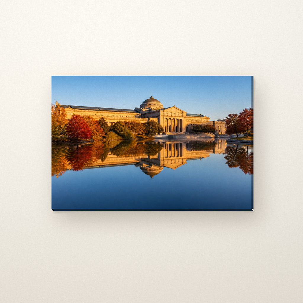 Museum of Science and Industry Canvas Wall Art | Jackson Park in Autumn canvas on a warm ivory wall