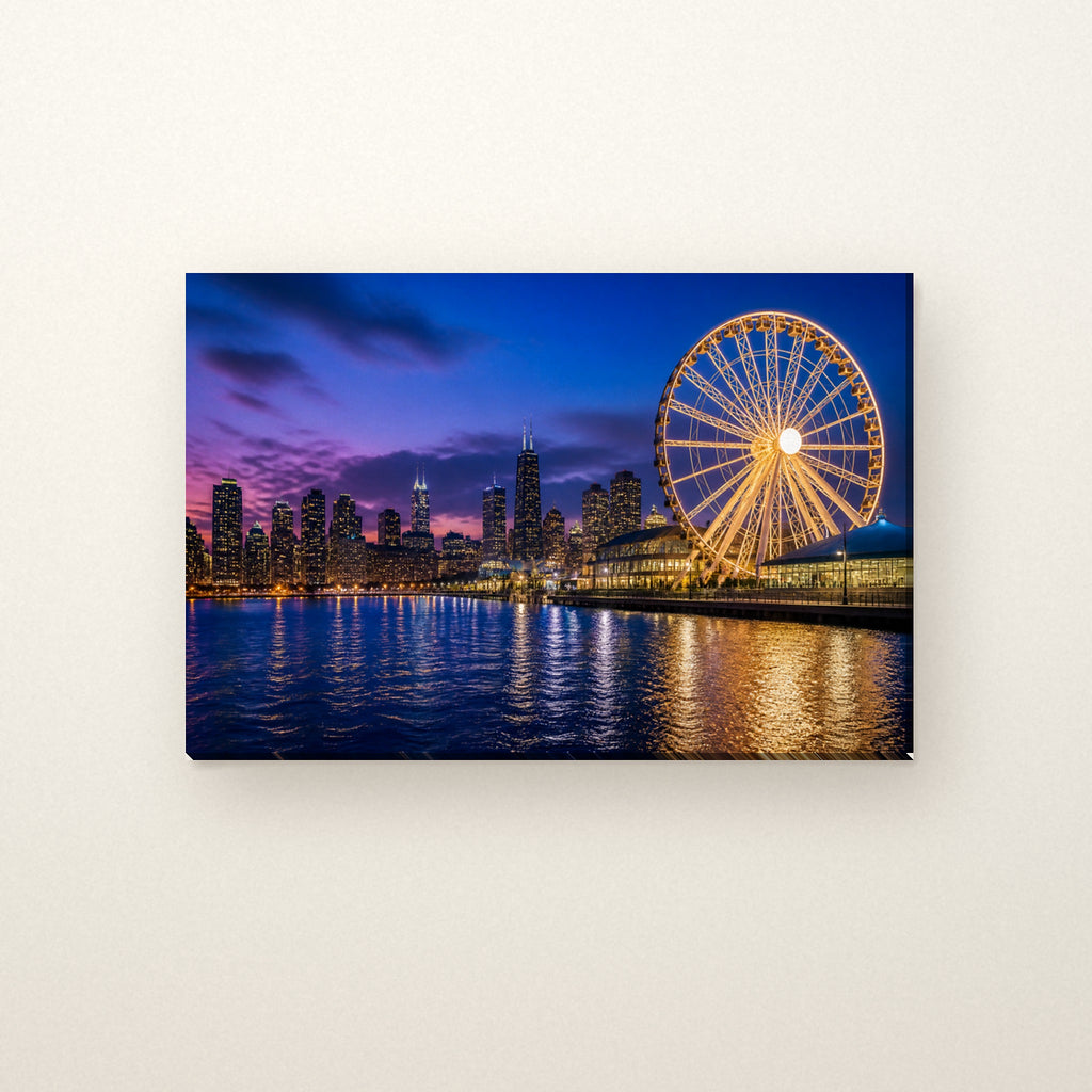 Navy Pier Canvas Wall Art | Ferris Wheel at Blue Hour canvas on a warm ivory wall