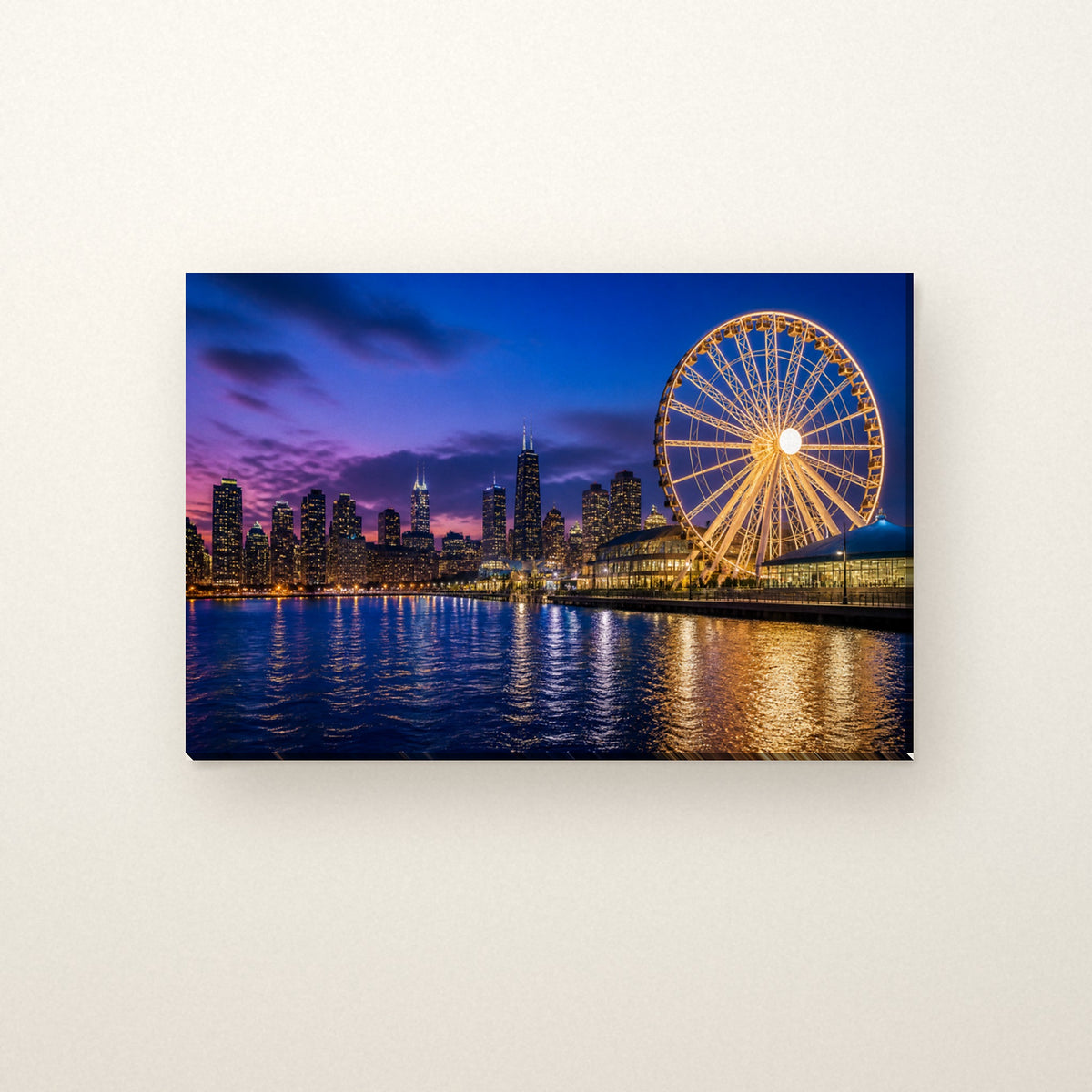 Navy Pier Canvas Wall Art | Ferris Wheel at Blue Hour canvas on a warm ivory wall
