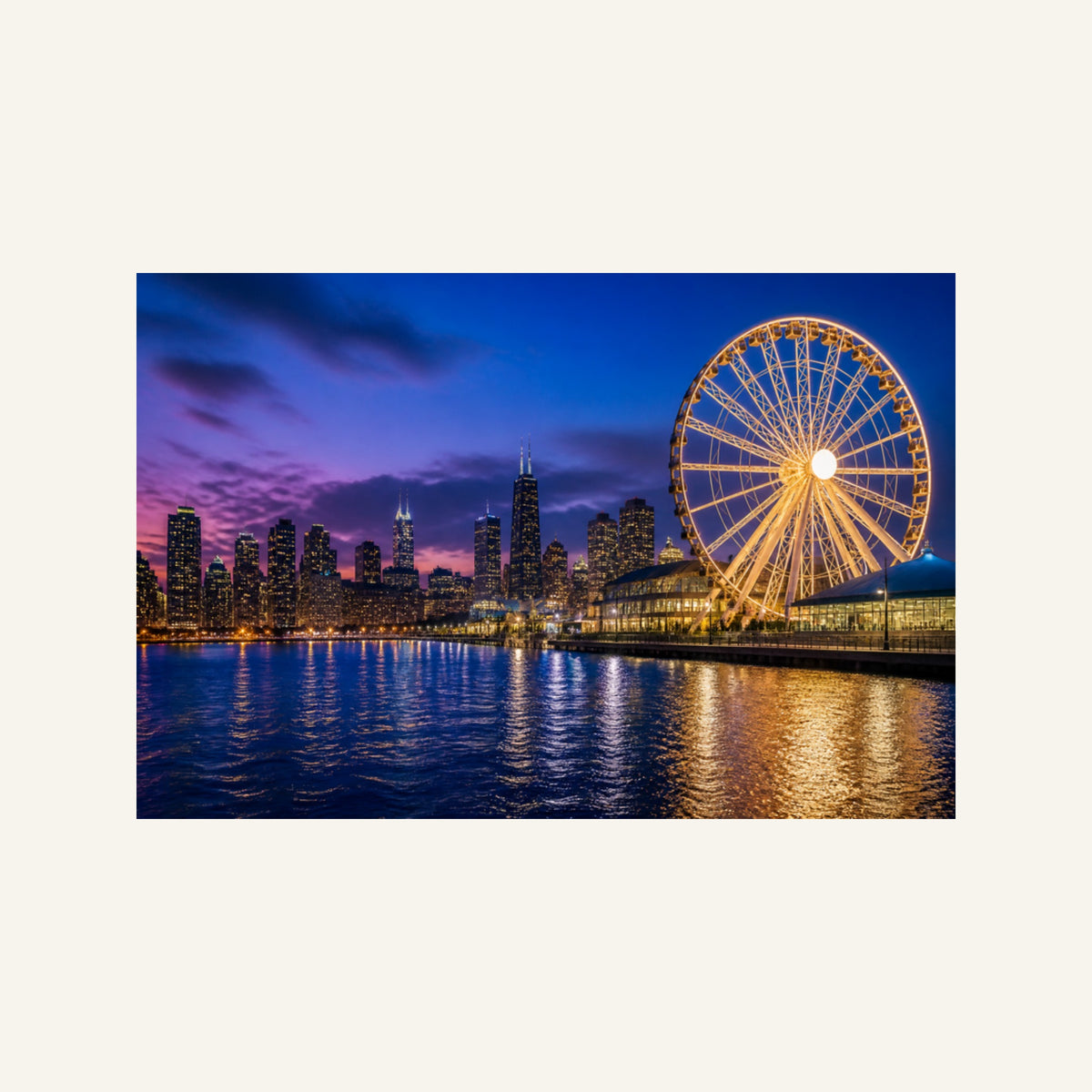 Navy Pier Canvas Wall Art | Ferris Wheel at Blue Hour artwork, full image