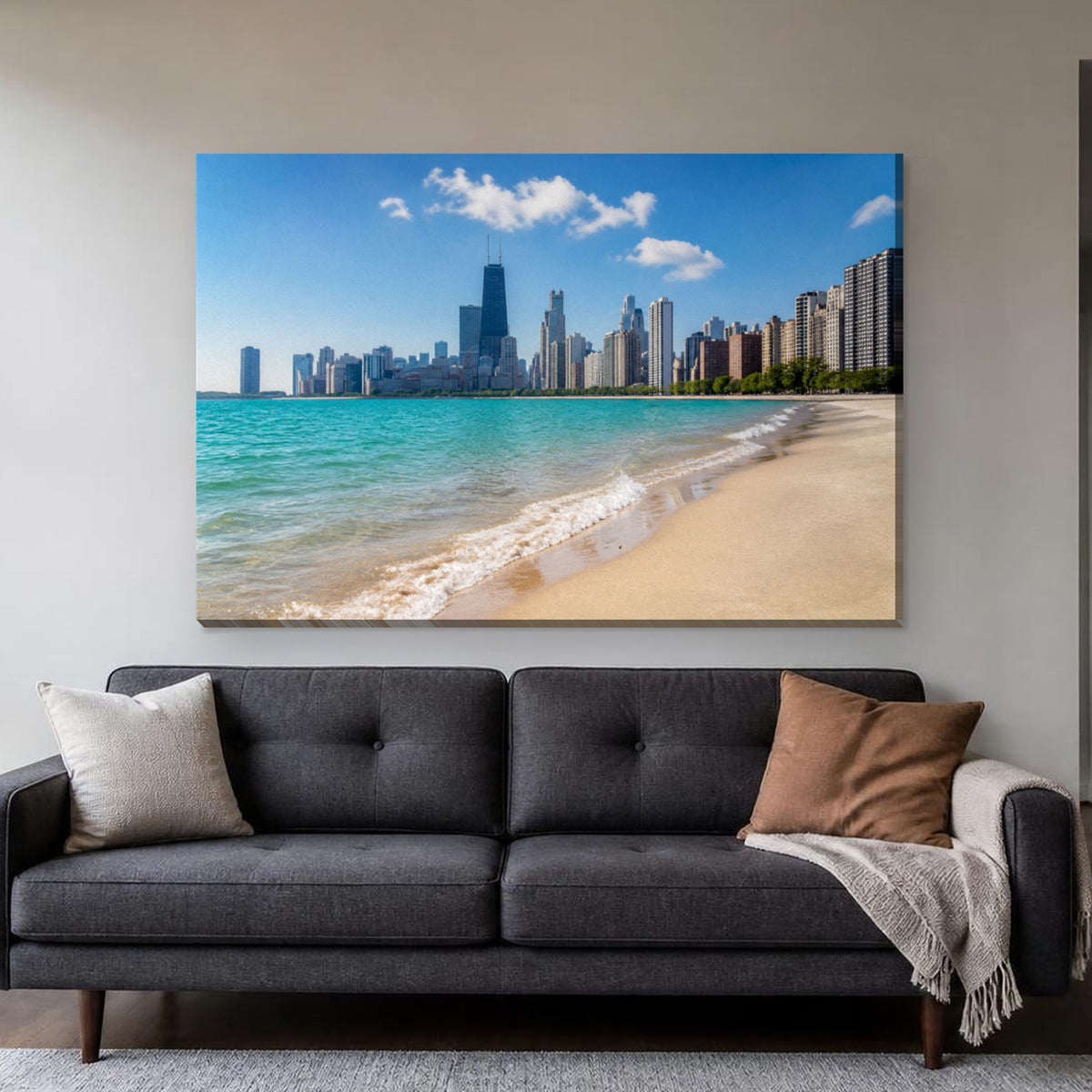 North Avenue Beach Canvas Wall Art | Chicago Skyline Summer canvas hanging above a charcoal sofa in a living room