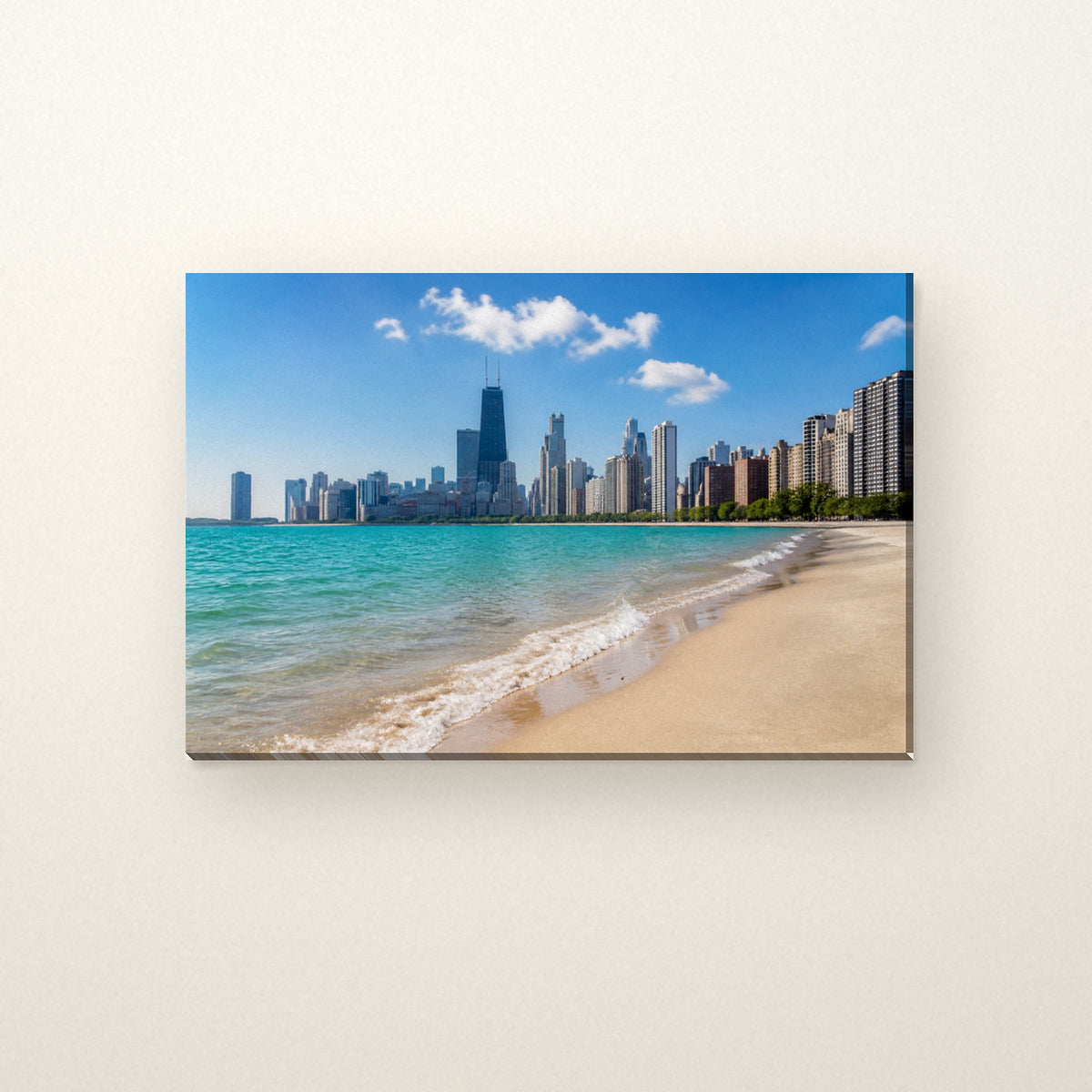 North Avenue Beach Canvas Wall Art | Chicago Skyline Summer canvas on a warm ivory wall