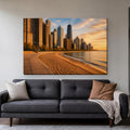Oak Street Beach Canvas Wall Art | Gold Coast Golden Hour canvas hanging above a charcoal sofa in a living room