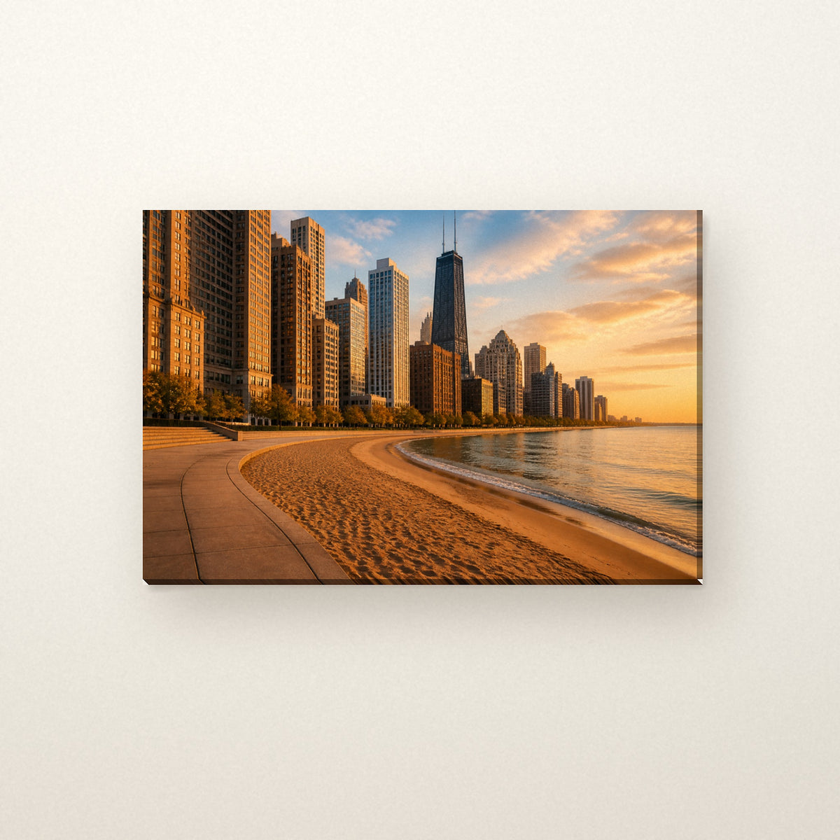 Oak Street Beach Canvas Wall Art | Gold Coast Golden Hour canvas on a warm ivory wall