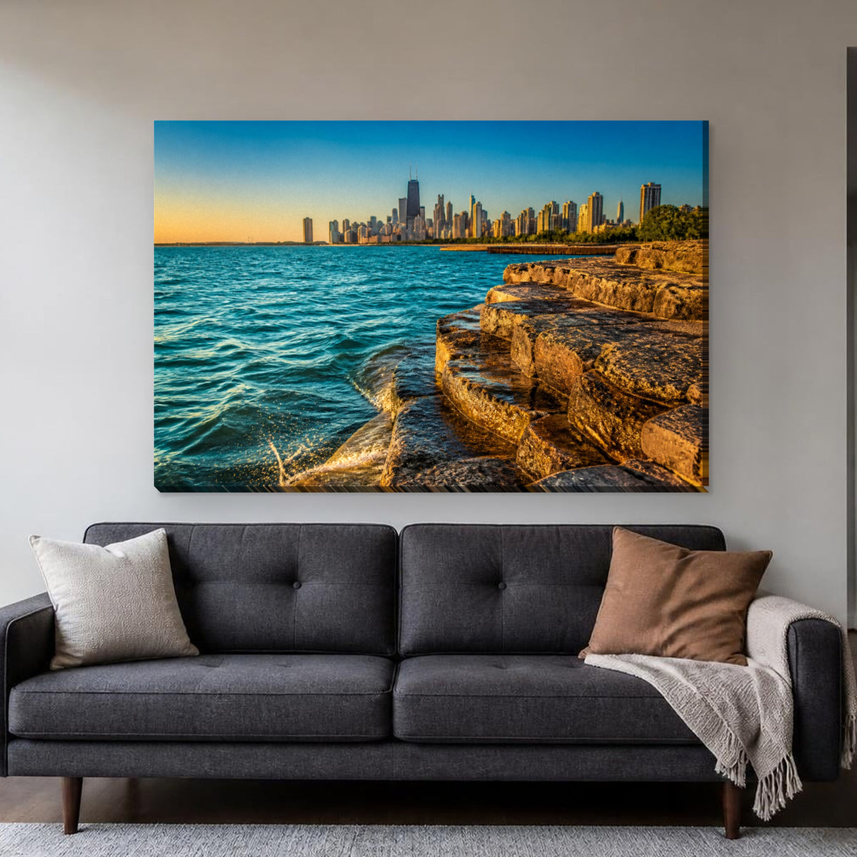 Promontory Point Canvas Wall Art | Hyde Park Lakefront Evening canvas hanging above a charcoal sofa in a living room