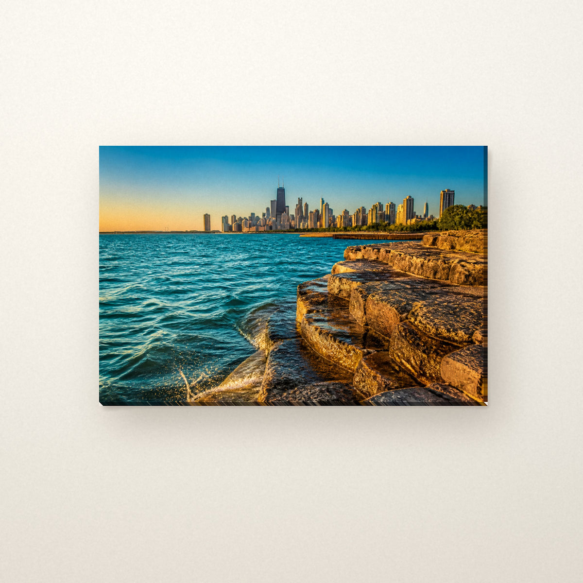 Promontory Point Canvas Wall Art | Hyde Park Lakefront Evening canvas on a warm ivory wall