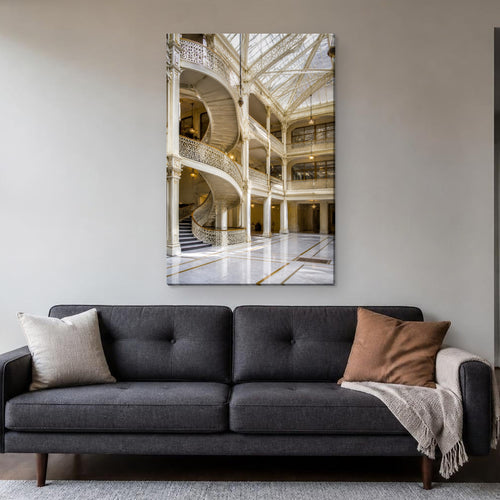 The Rookery Canvas Wall Art | Light Court on LaSalle Street canvas hanging above a charcoal sofa in a living room