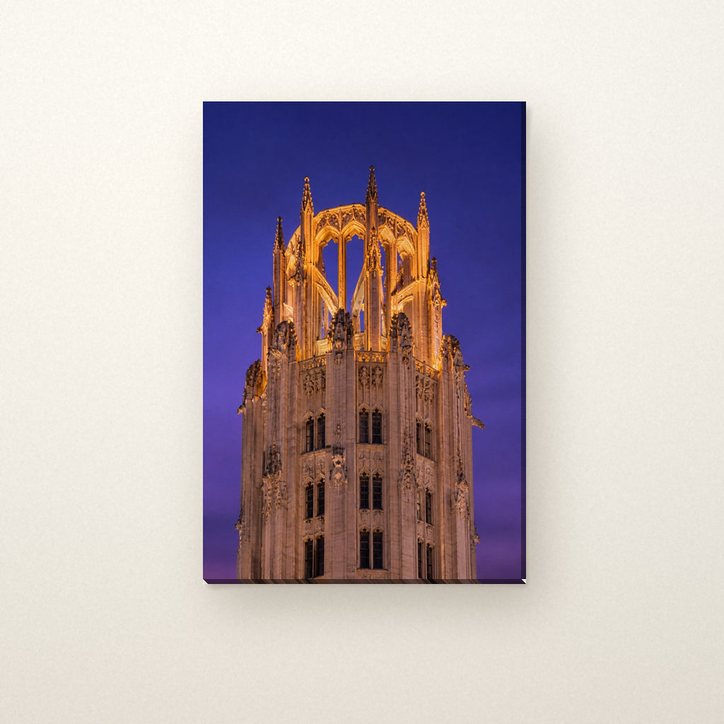 Tribune Tower Canvas Wall Art | Gothic Crown at Dusk canvas on a warm ivory wall