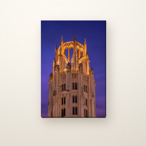 Tribune Tower Canvas Wall Art | Gothic Crown at Dusk canvas on a warm ivory wall