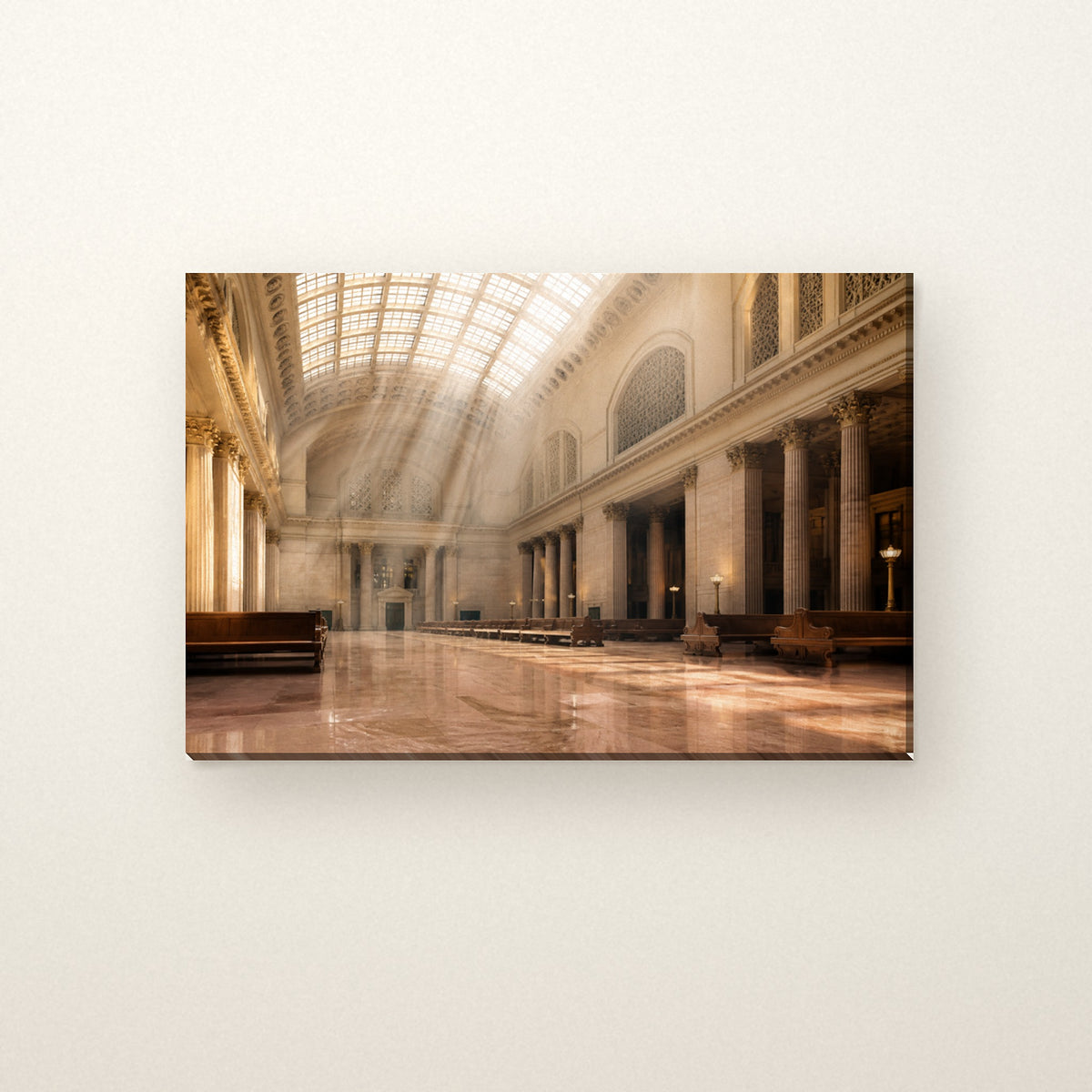 Union Station Great Hall Canvas Wall Art | Chicago Sunlight canvas on a warm ivory wall