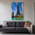 Willis Tower Canvas Wall Art | Chicago River Morning canvas hanging above a charcoal sofa in a living room
