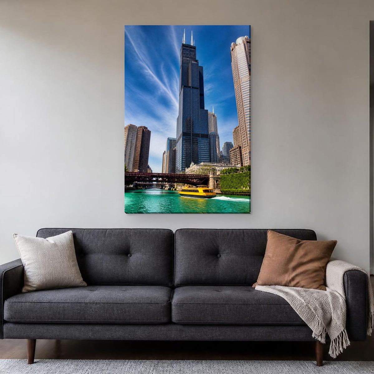 Willis Tower Canvas Wall Art | Chicago River Morning canvas hanging above a charcoal sofa in a living room
