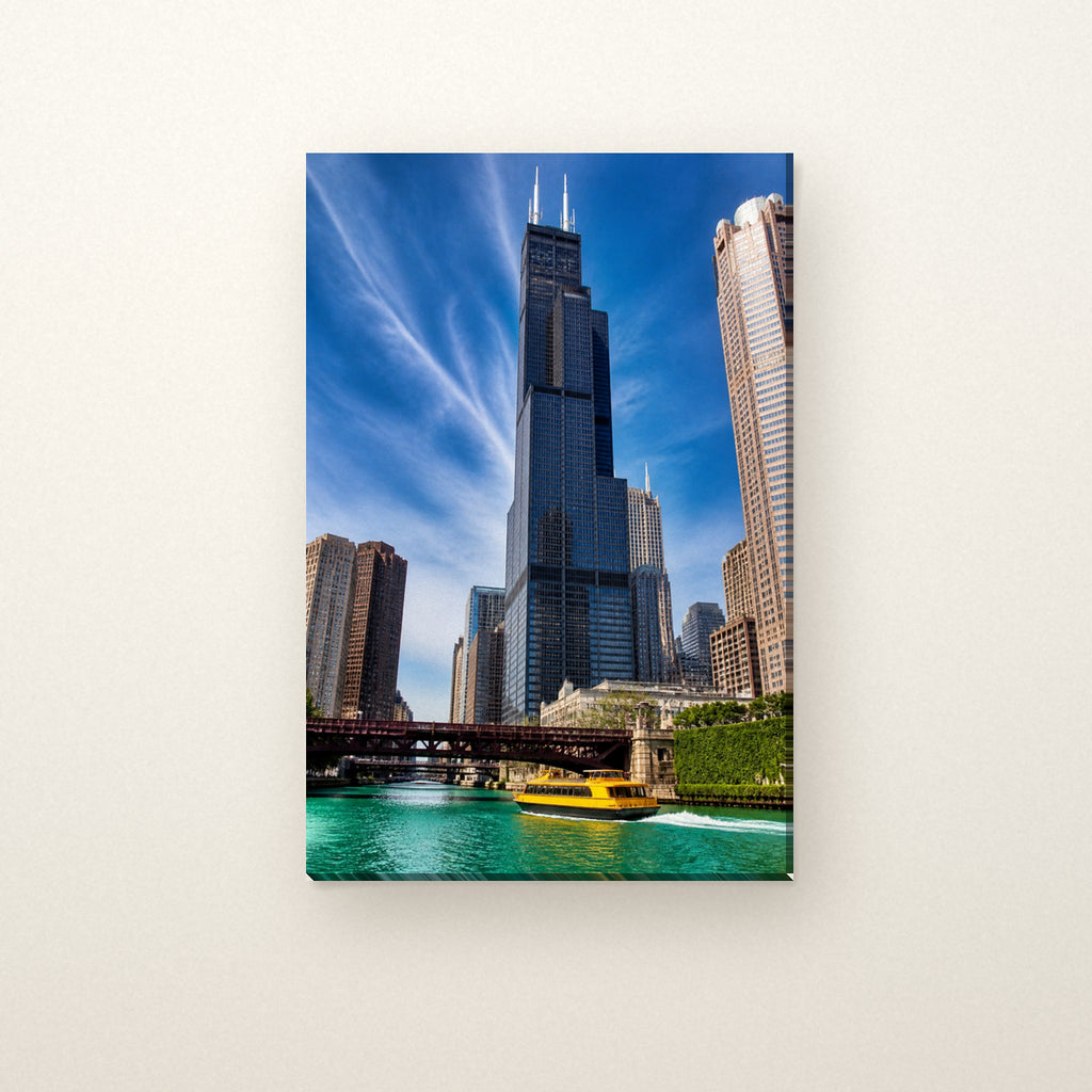 Willis Tower Canvas Wall Art | Chicago River Morning canvas on a warm ivory wall