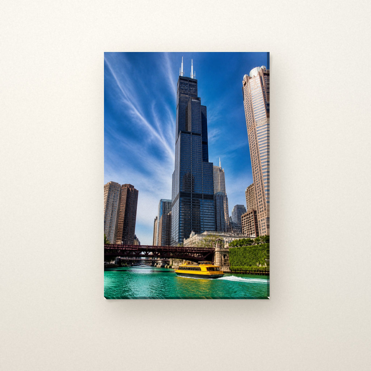 Willis Tower Canvas Wall Art | Chicago River Morning canvas on a warm ivory wall