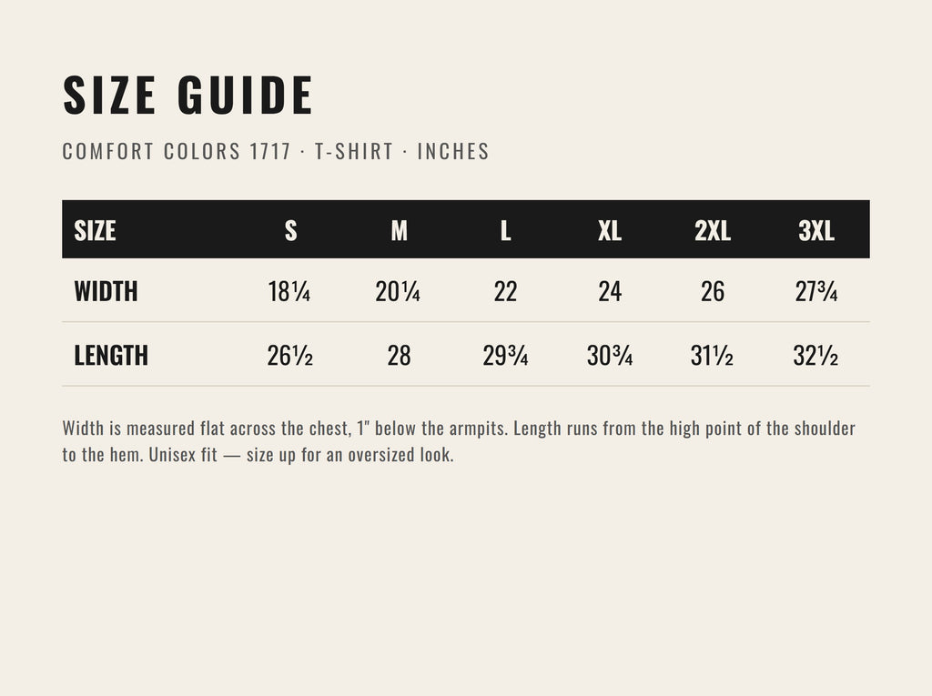 Comfort Colors 1717 tee size chart