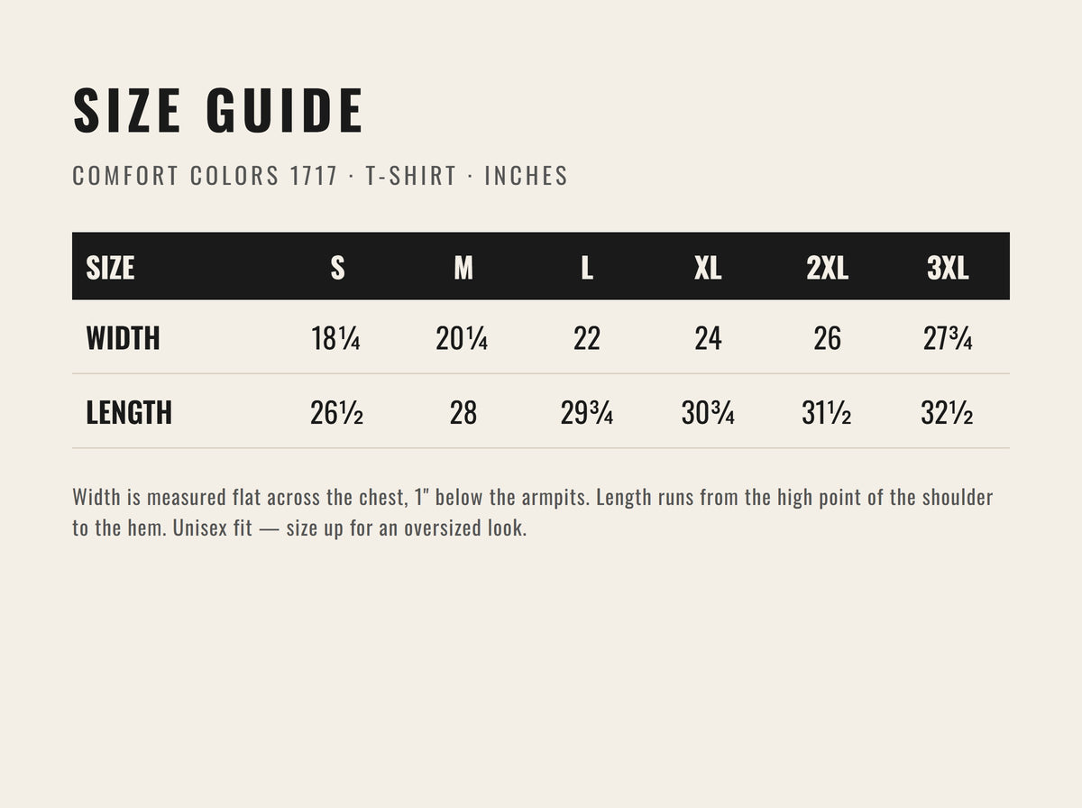 Comfort Colors 1717 tee size chart