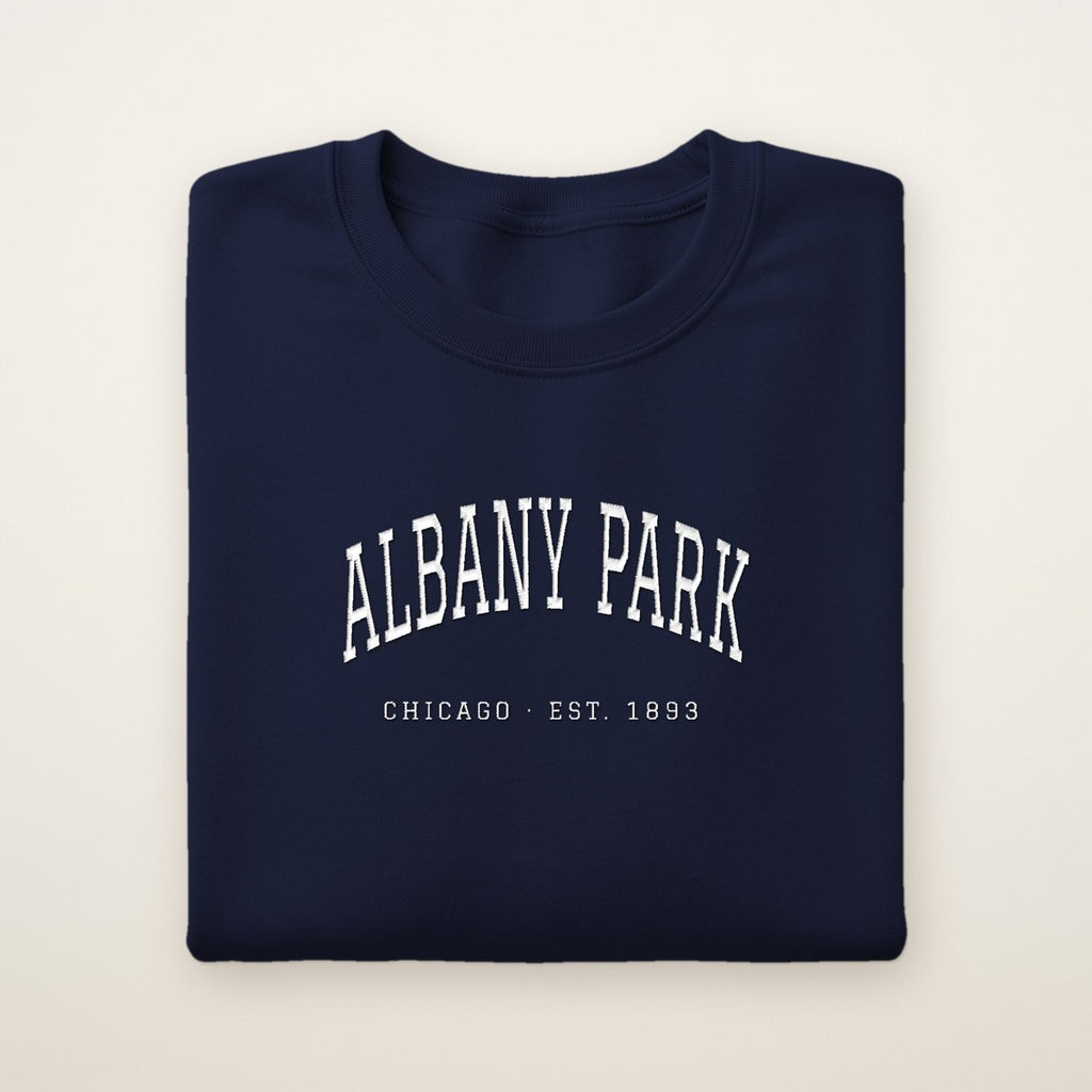 Albany Park Chicago Embroidered Crewneck — White Thread
