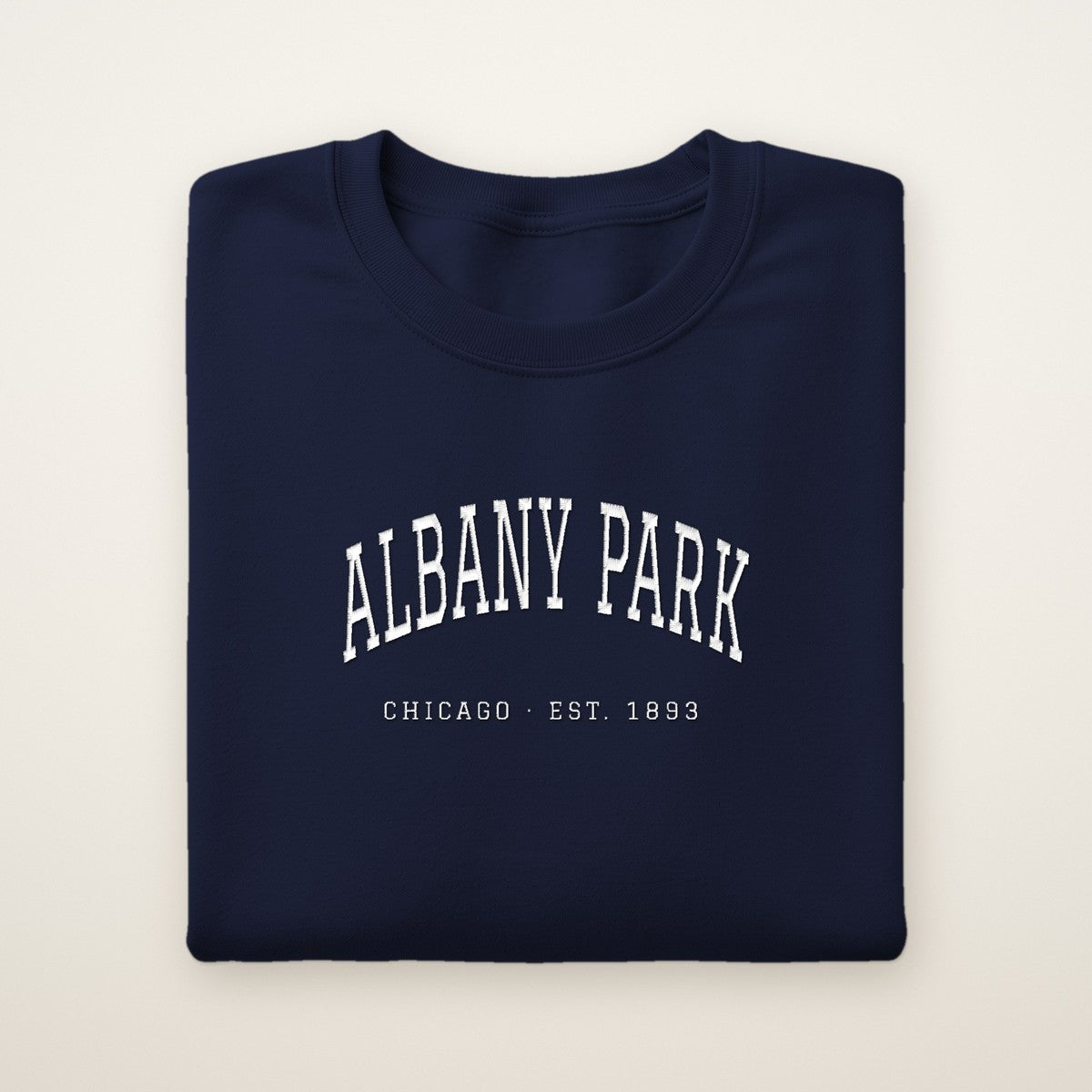 Albany Park Chicago Embroidered Crewneck — White Thread