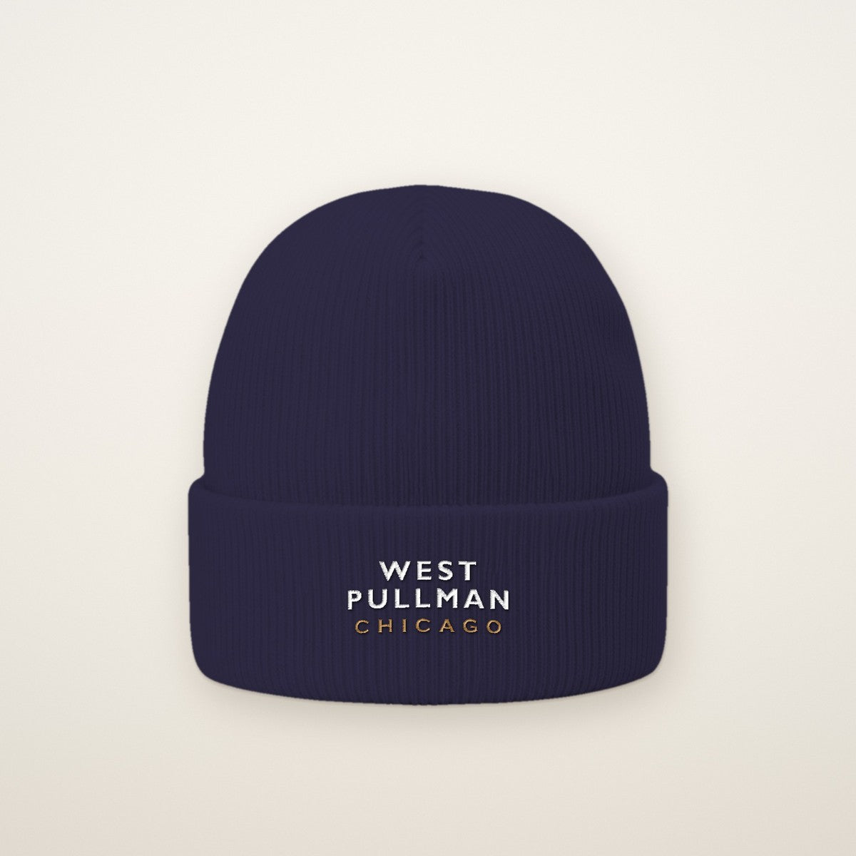 West Pullman Chicago Embroidered Cuffed Beanie — White Thread