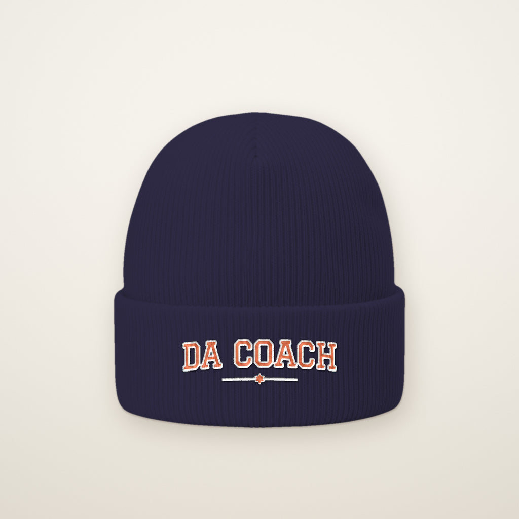 Da Coach Embroidered Cuffed Beanie in Navy, flat lay on ivory