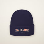 Da Coach Embroidered Cuffed Beanie in Navy, flat lay on ivory