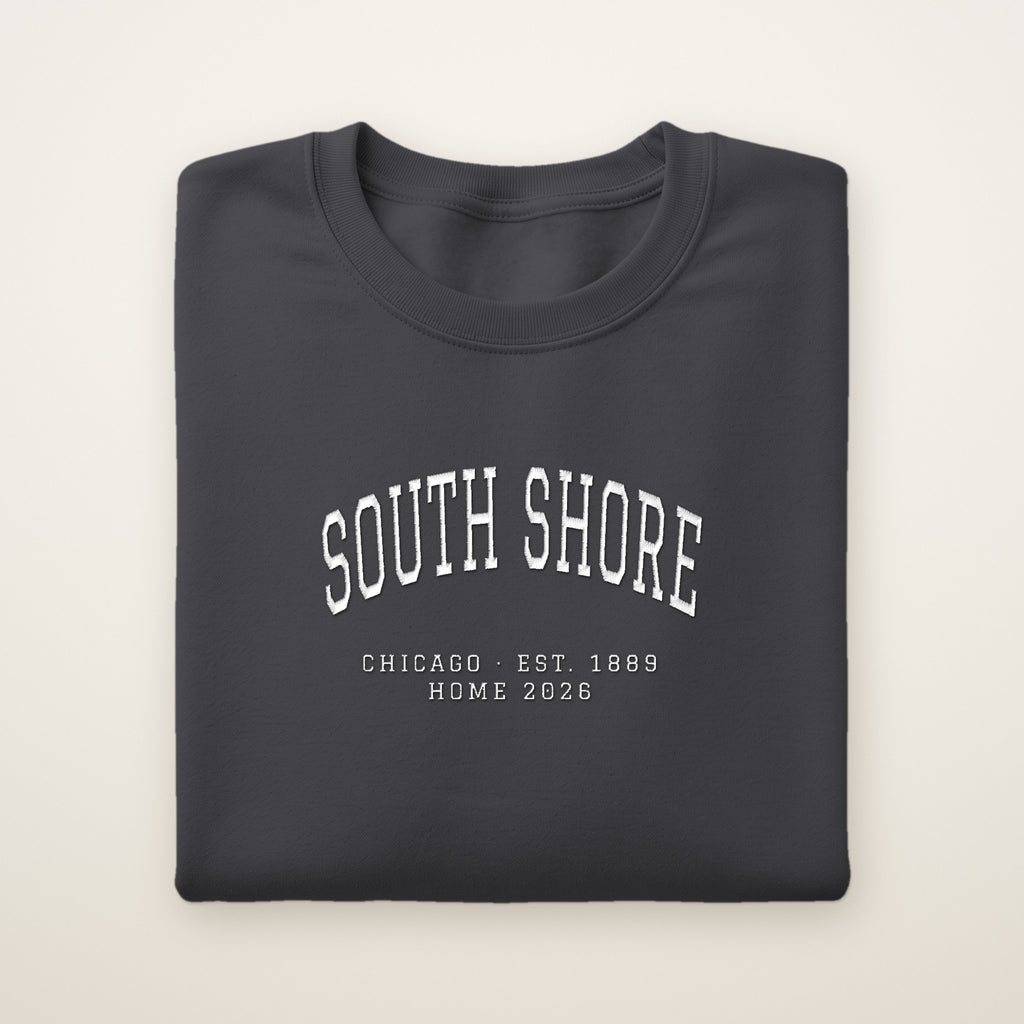 South Shore Chicago Home 2026 Embroidered Crewneck — White Thread on Dark Heather