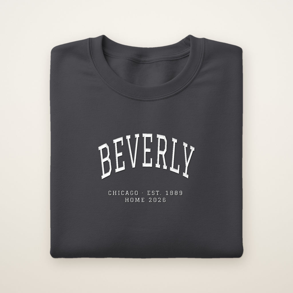 Beverly Chicago Home 2026 Embroidered Crewneck — White Thread on Dark Heather