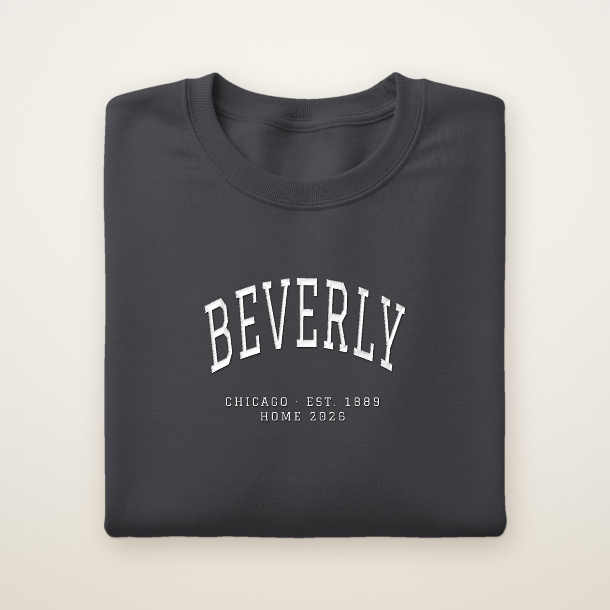 Beverly Chicago Home 2026 Embroidered Crewneck — White Thread on Dark Heather
