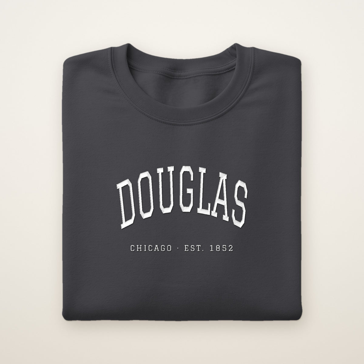 Douglas Chicago Embroidered Crewneck — White Thread on Dark Heather
