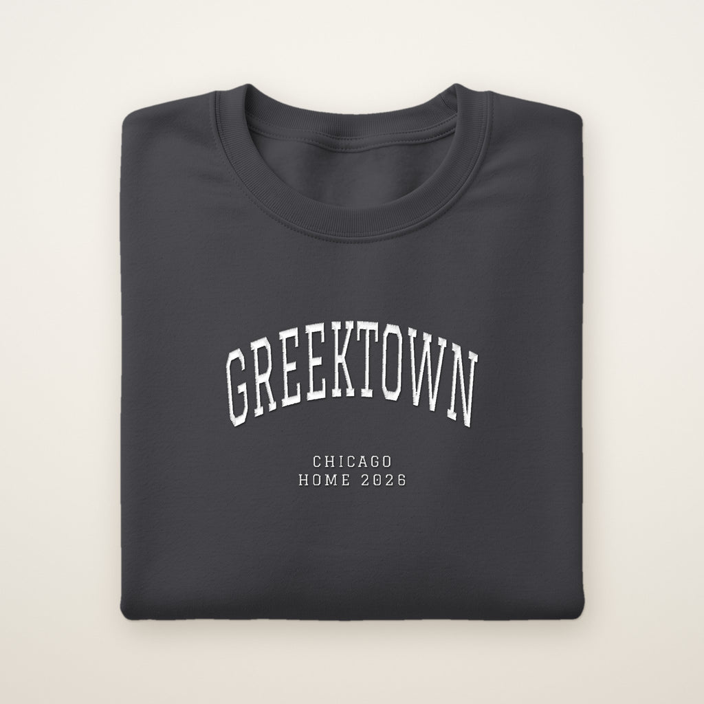 Greektown Chicago Home 2026 Embroidered Crewneck — White Thread on Dark Heather