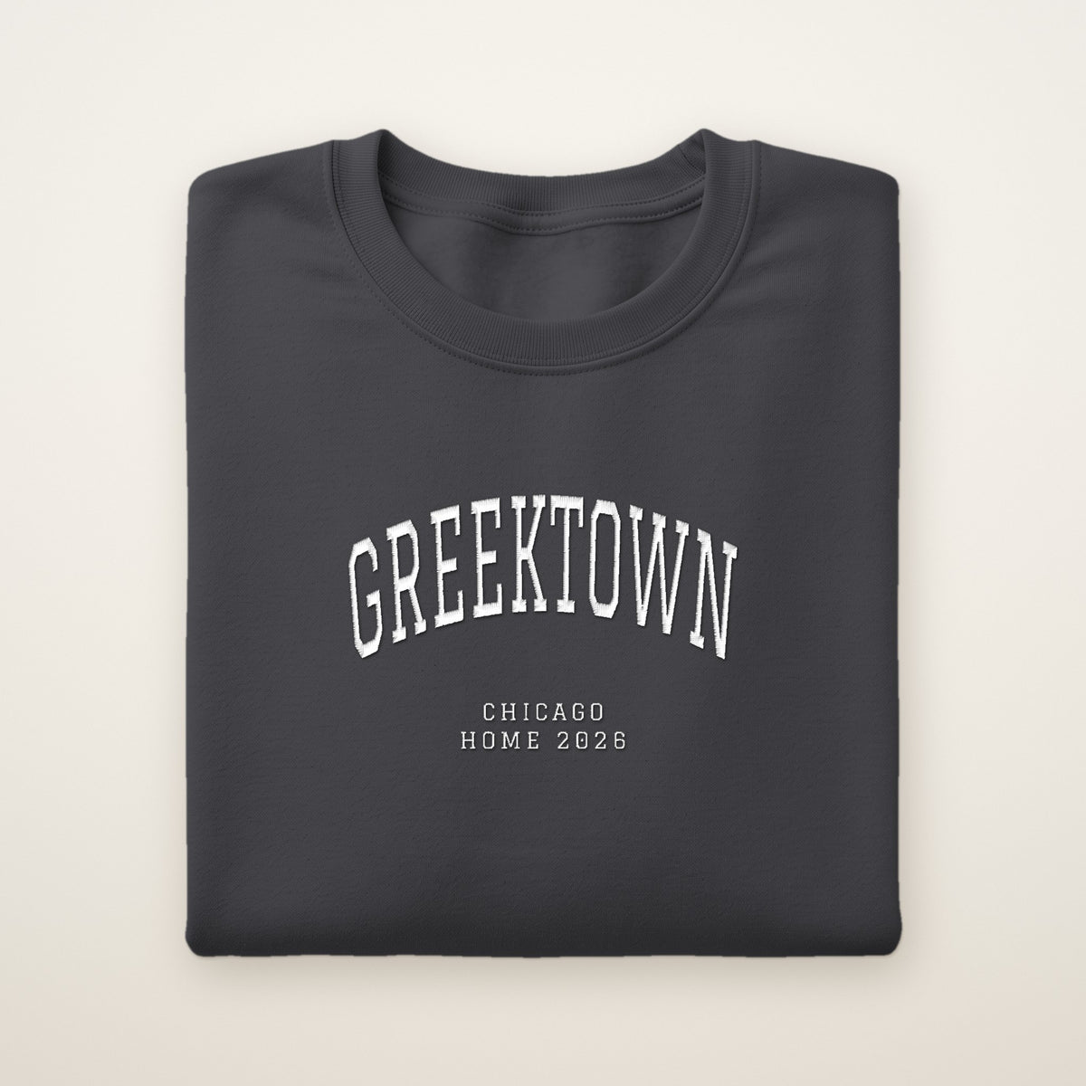 Greektown Chicago Home 2026 Embroidered Crewneck — White Thread on Dark Heather